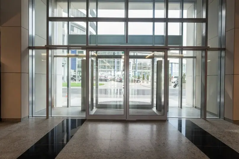 Ongoing commercial door repair in an office complex.